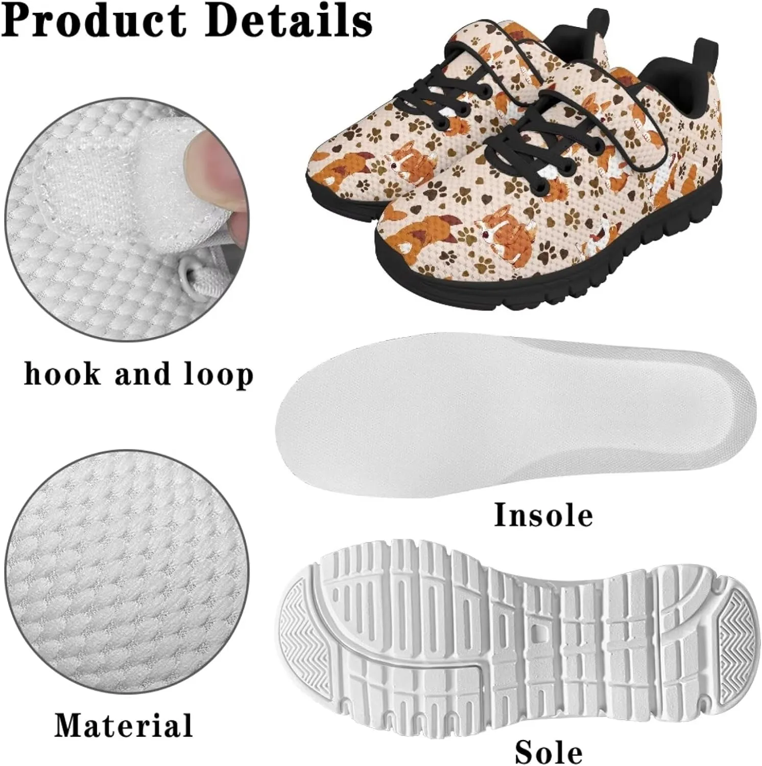 Dog Print Tennis Shoes with Hook & Loop for Kids Non Slip Breathable Strap Athletic Running Shoes for Walking