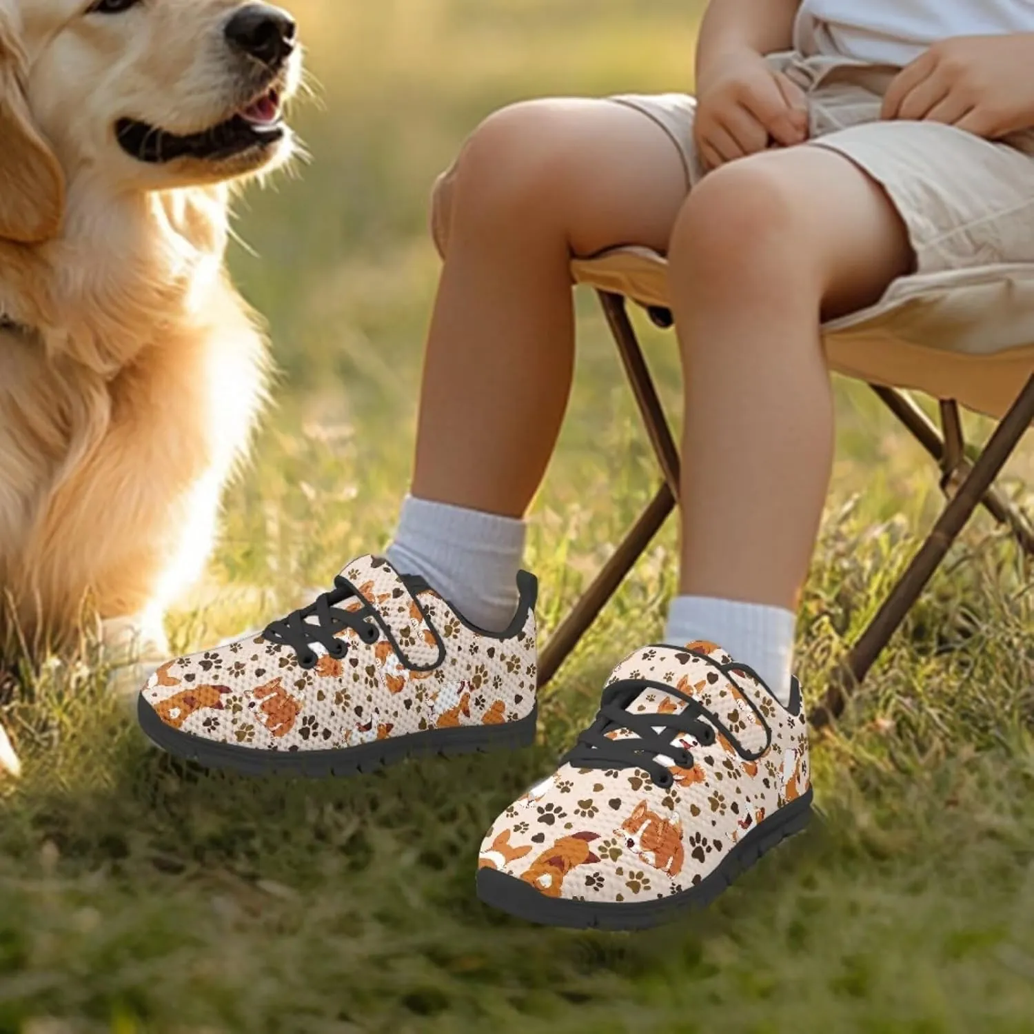 Dog Print Tennis Shoes with Hook & Loop for Kids Non Slip Breathable Strap Athletic Running Shoes for Walking
