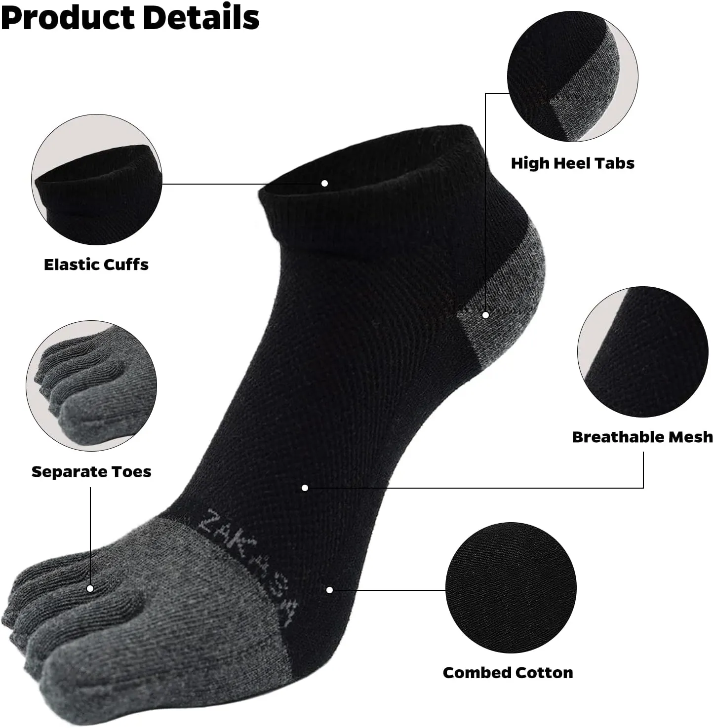 ZAKASA Toe Socks for Men Ankle: No Show Low Cut Toe Socks Individual Five Finger Cotton for Athletic Running 5 Pairs